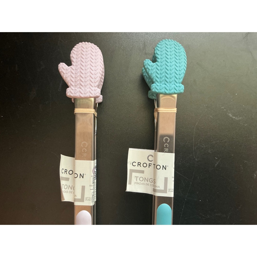 Crofton Mitten Silicone Tongs Set of 2 Pink Teal Stainless Steel Kitchen Utensil